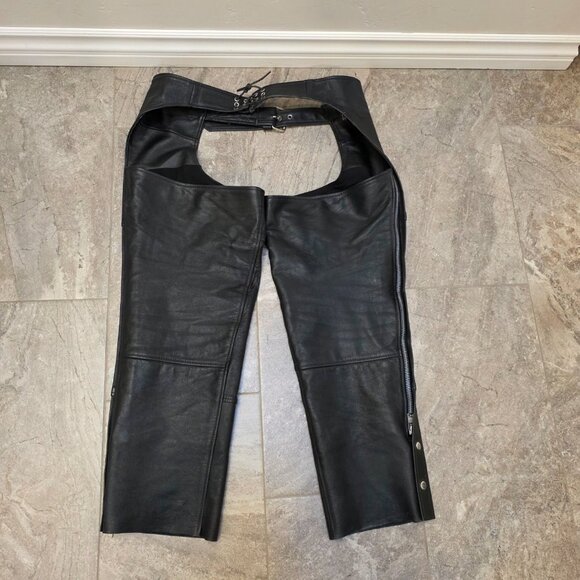 Vintage asphalt black zipper Leather Motorcycle Biker Chaps Mens XXL - Picture 4 of 16